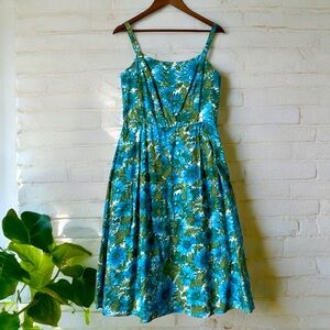 Talbots Cotton Blue and Green Floral Daisy Print A-line Sleeveless Midi Dress